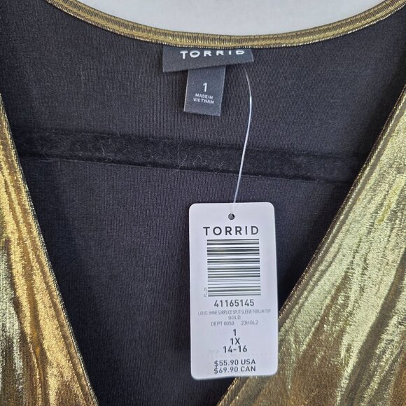 Torrid 1X Liquid Shine Gold Surplice Peplum Top Metallic NYE Holiday Party New - Picture 2 of 8